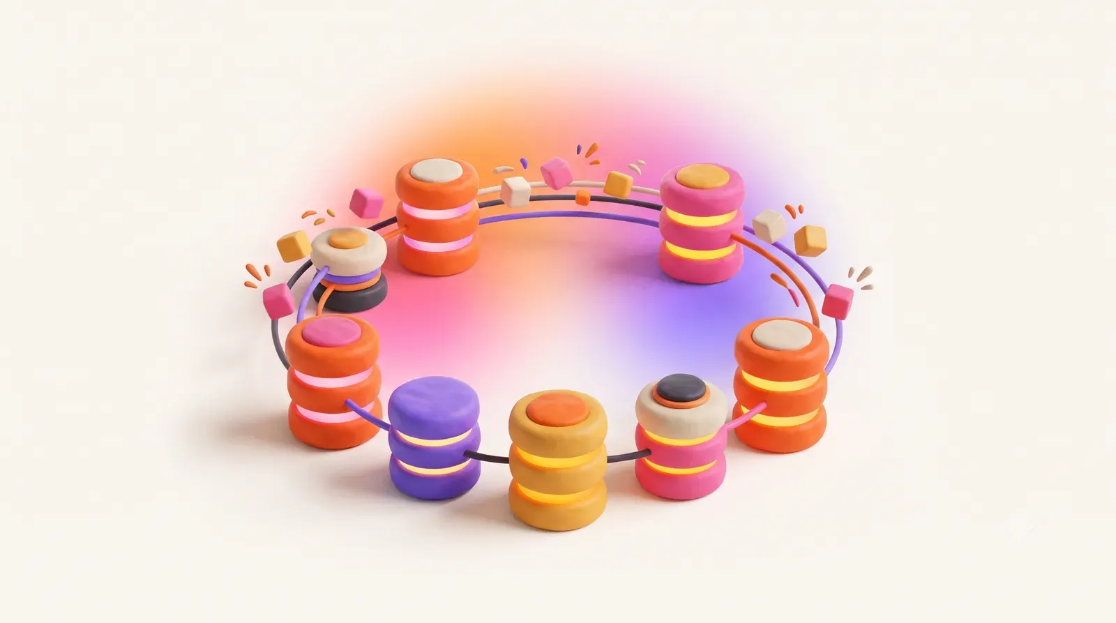 Illustration: a ring of glowing rounded database nodes connected in a circle