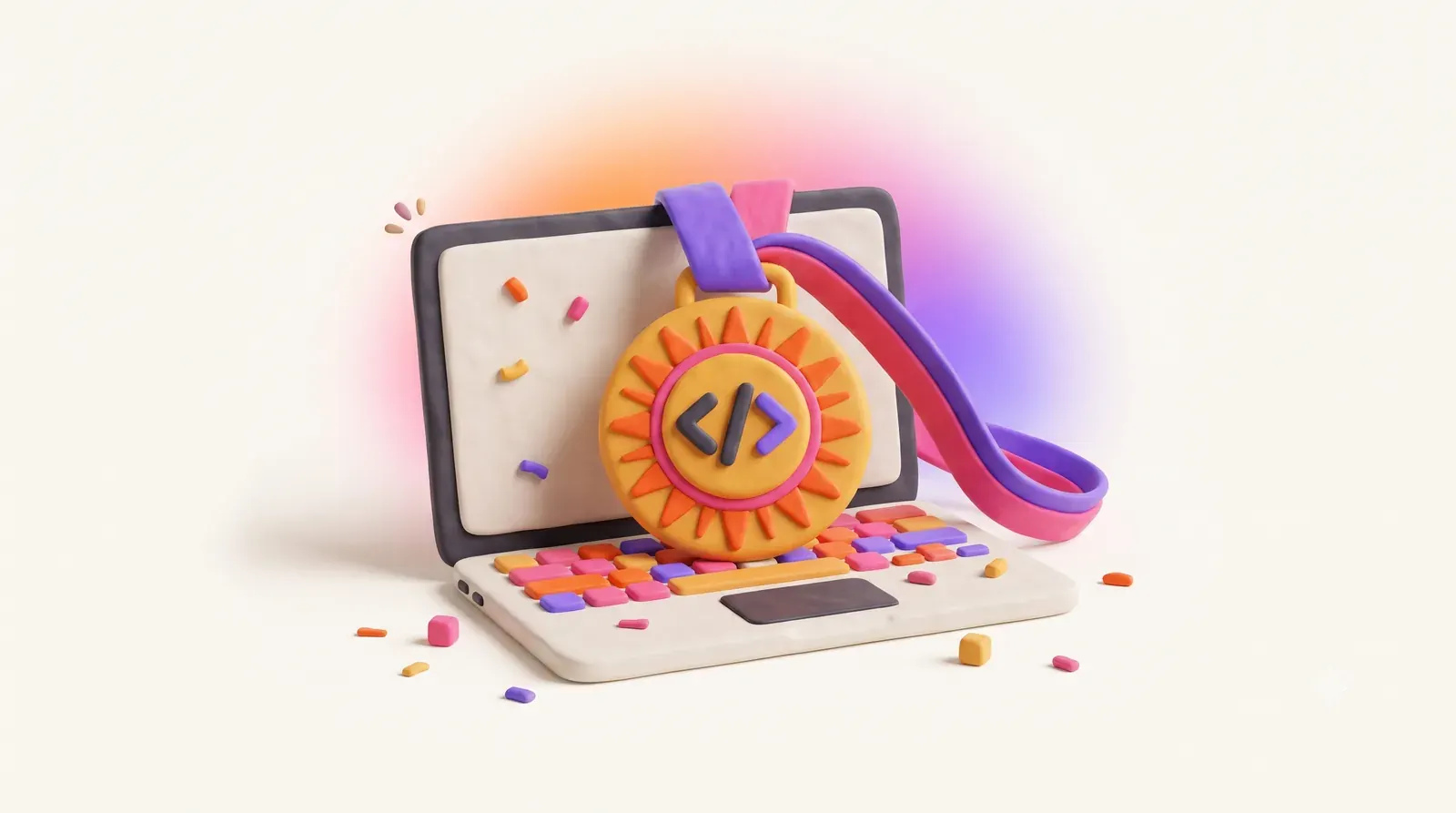 Illustration: a shiny summer sun medal with a code bracket symbol
