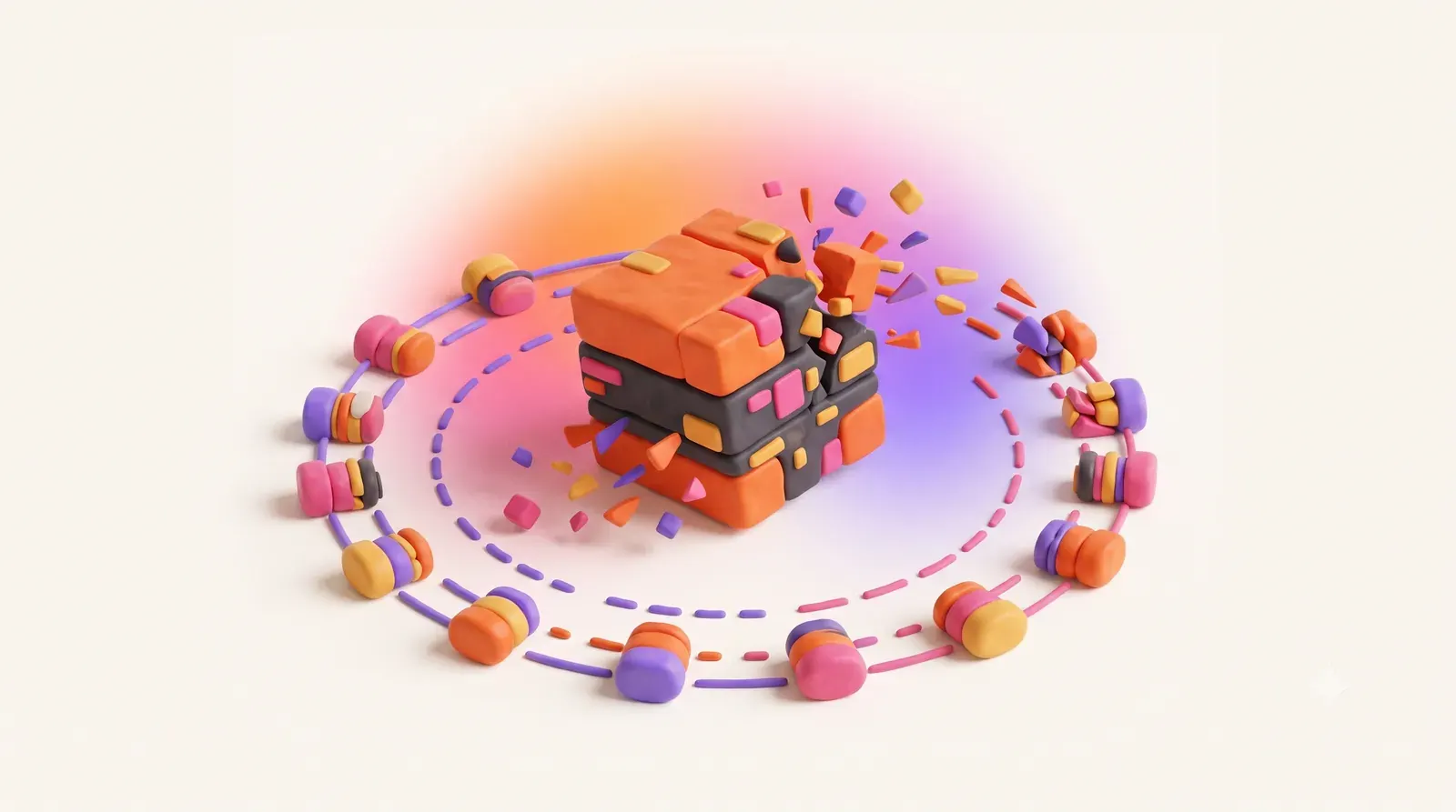 Illustration: a large data block splitting into smaller shards that arrange themselves into a ring of nodes