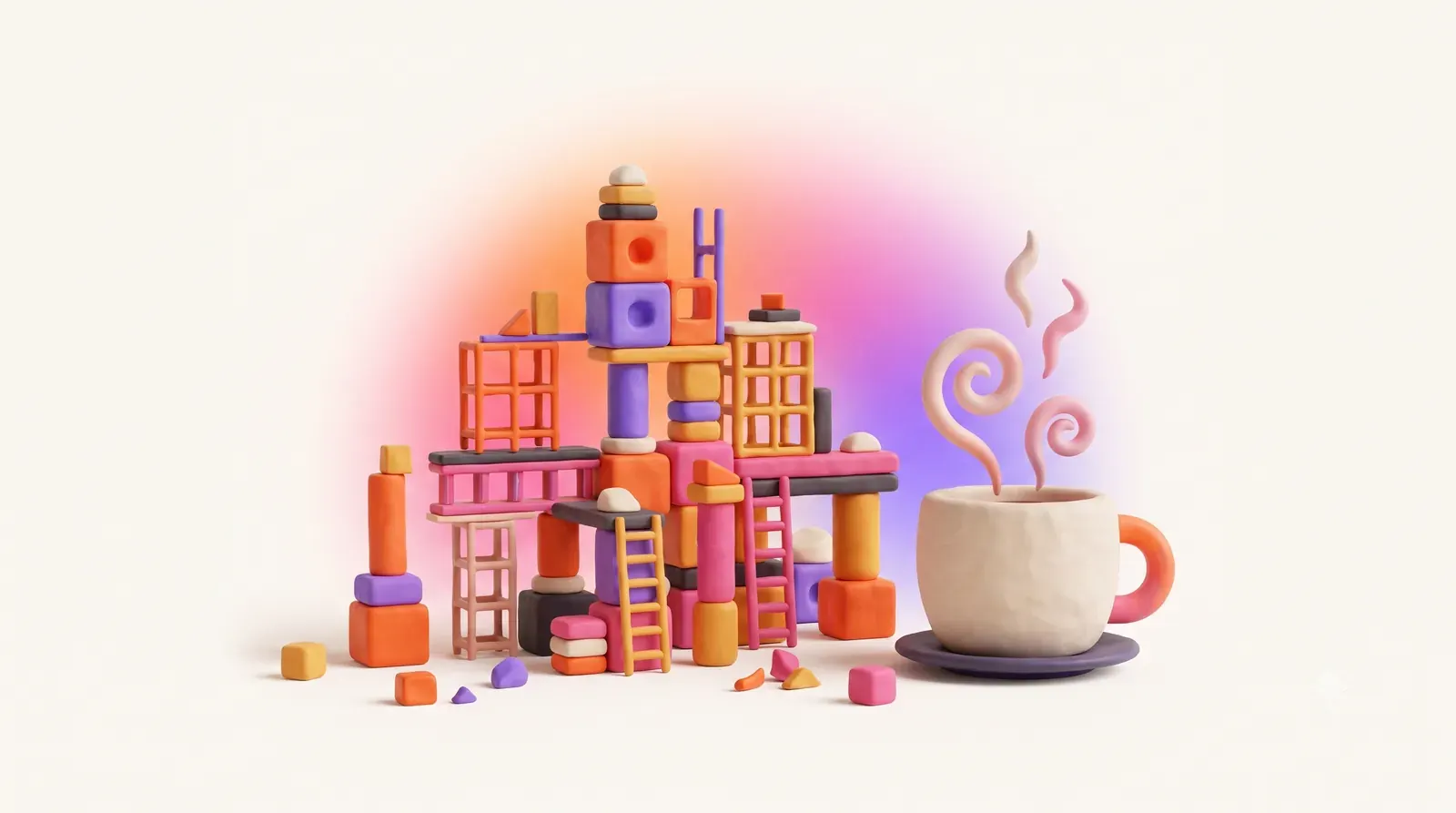 Illustration: building blocks forming a scaffold structure next to a steaming coffee cup