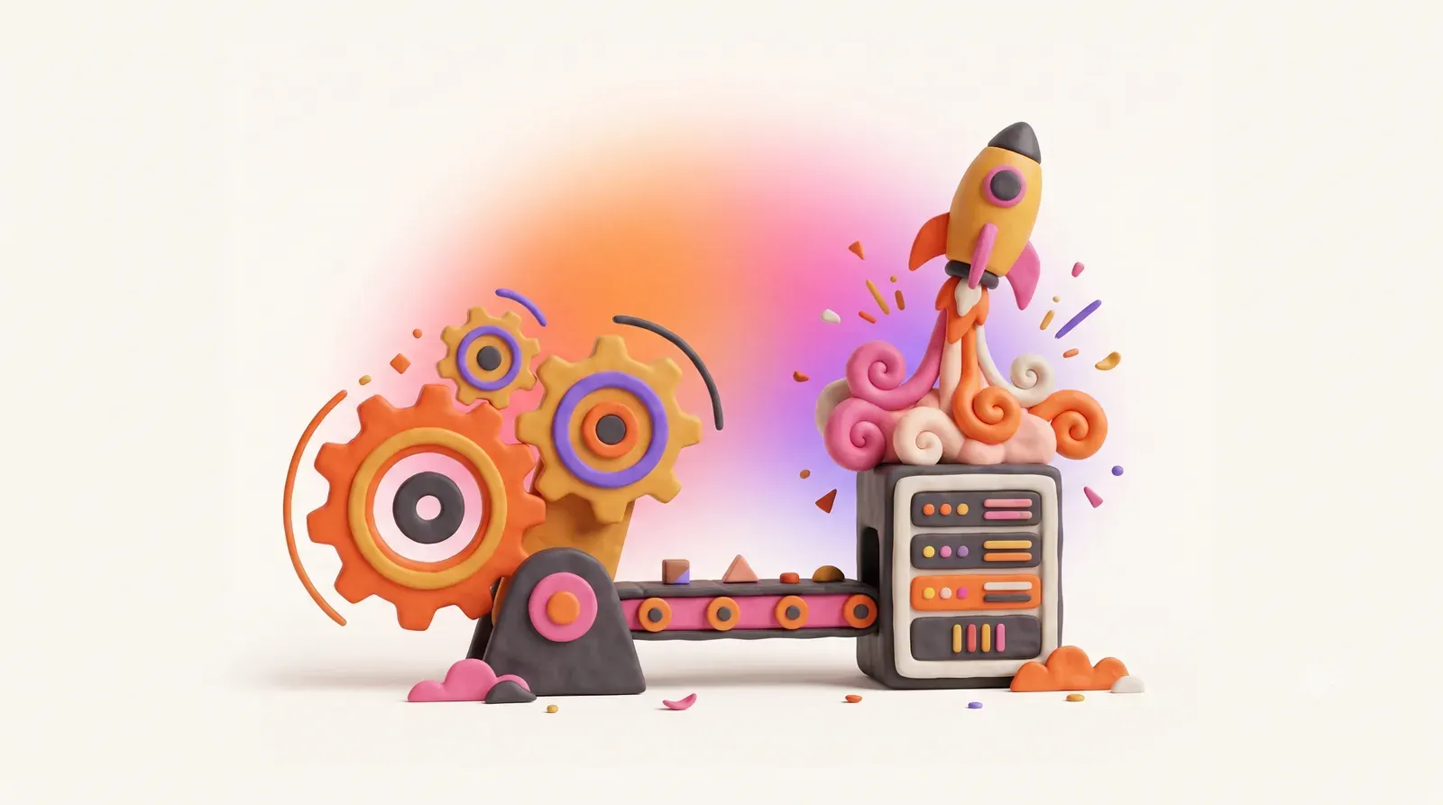 Illustration: interlocking gears feeding a conveyor belt that launches a small rocket from a server rack