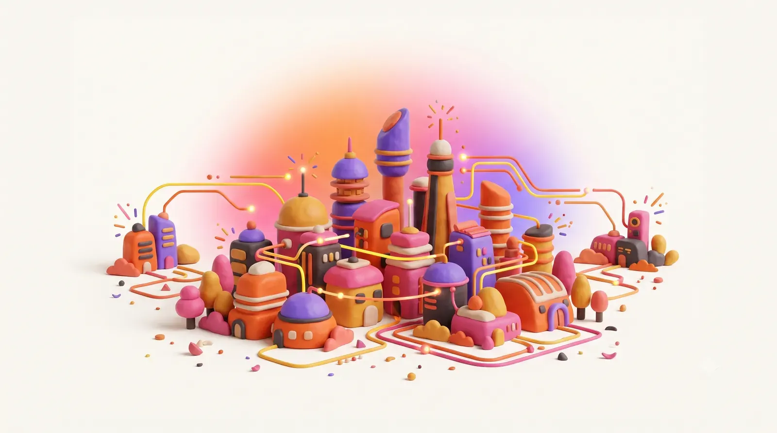 Illustration: a miniature smart city of rounded buildings connected by glowing lines
