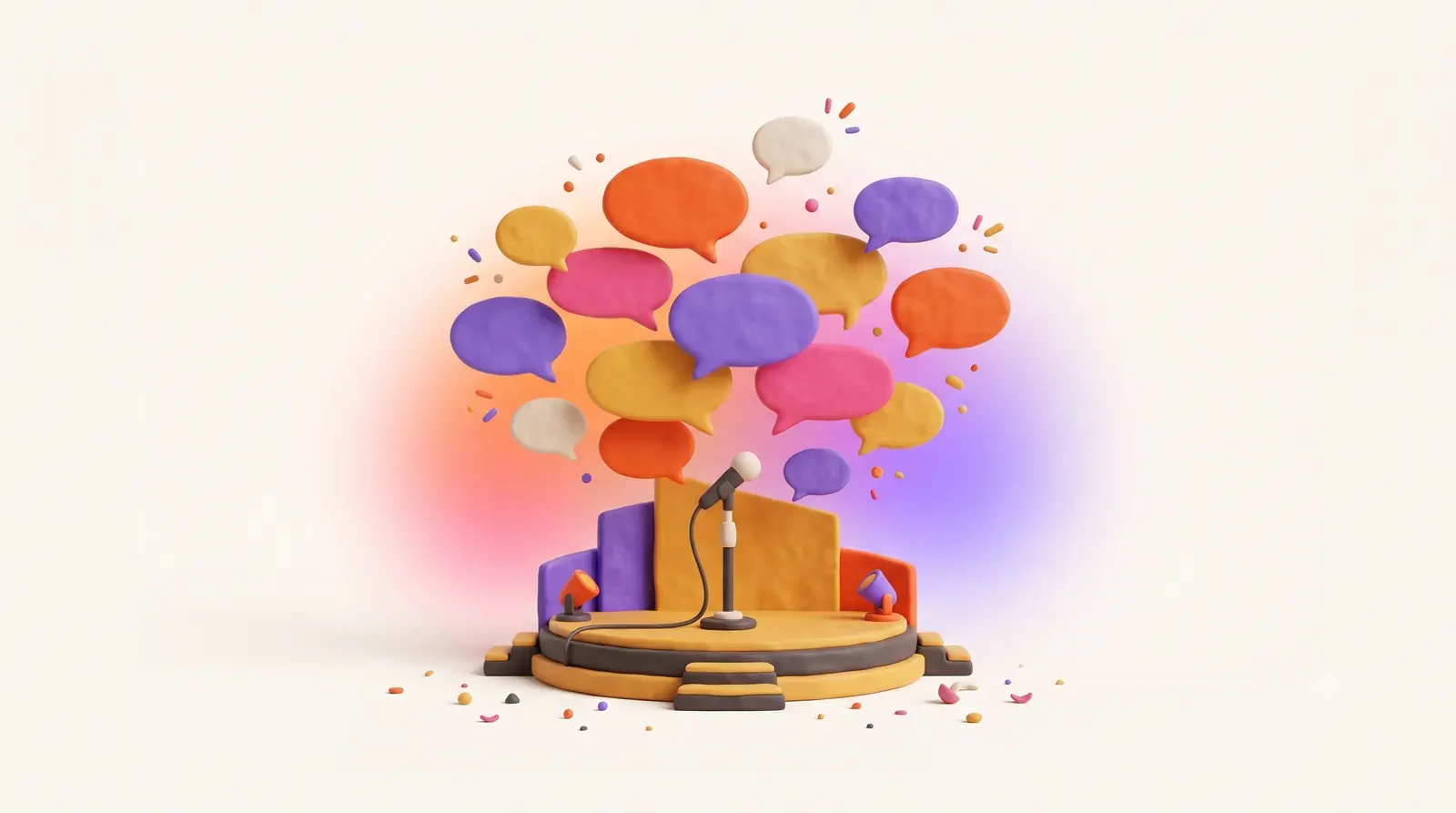 Illustration: a small stage with a microphone and many colorful speech bubbles floating above it