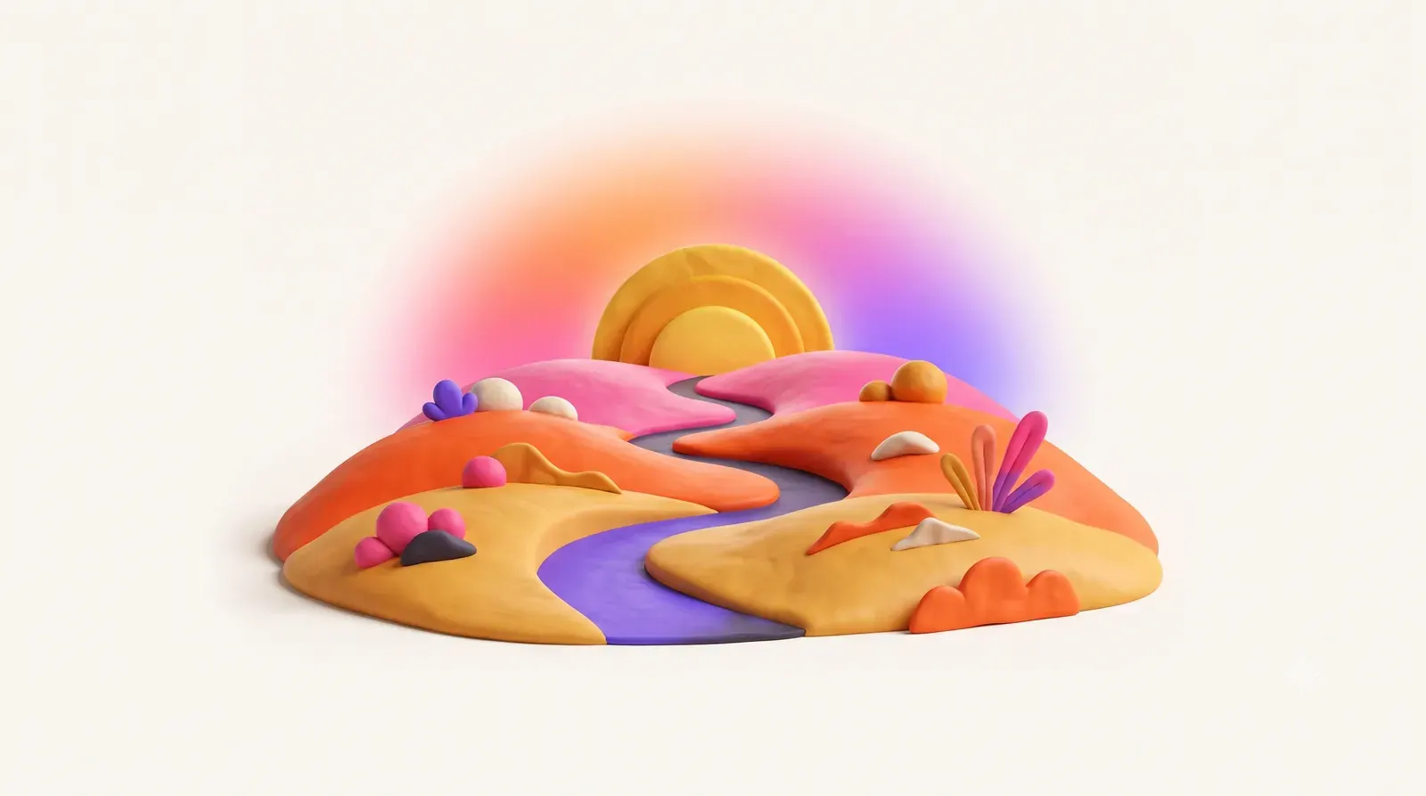 Illustration: a single winding path carved through soft rolling hills toward a rising sun