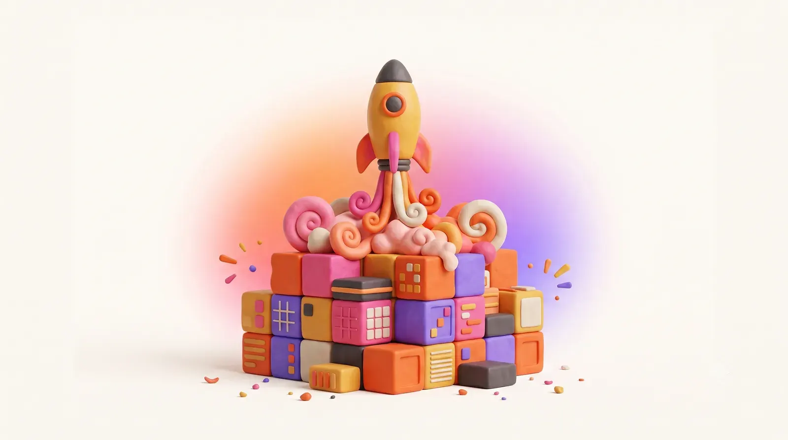 Illustration: a launch pad made of stacked data cubes with a small rocket lifting off