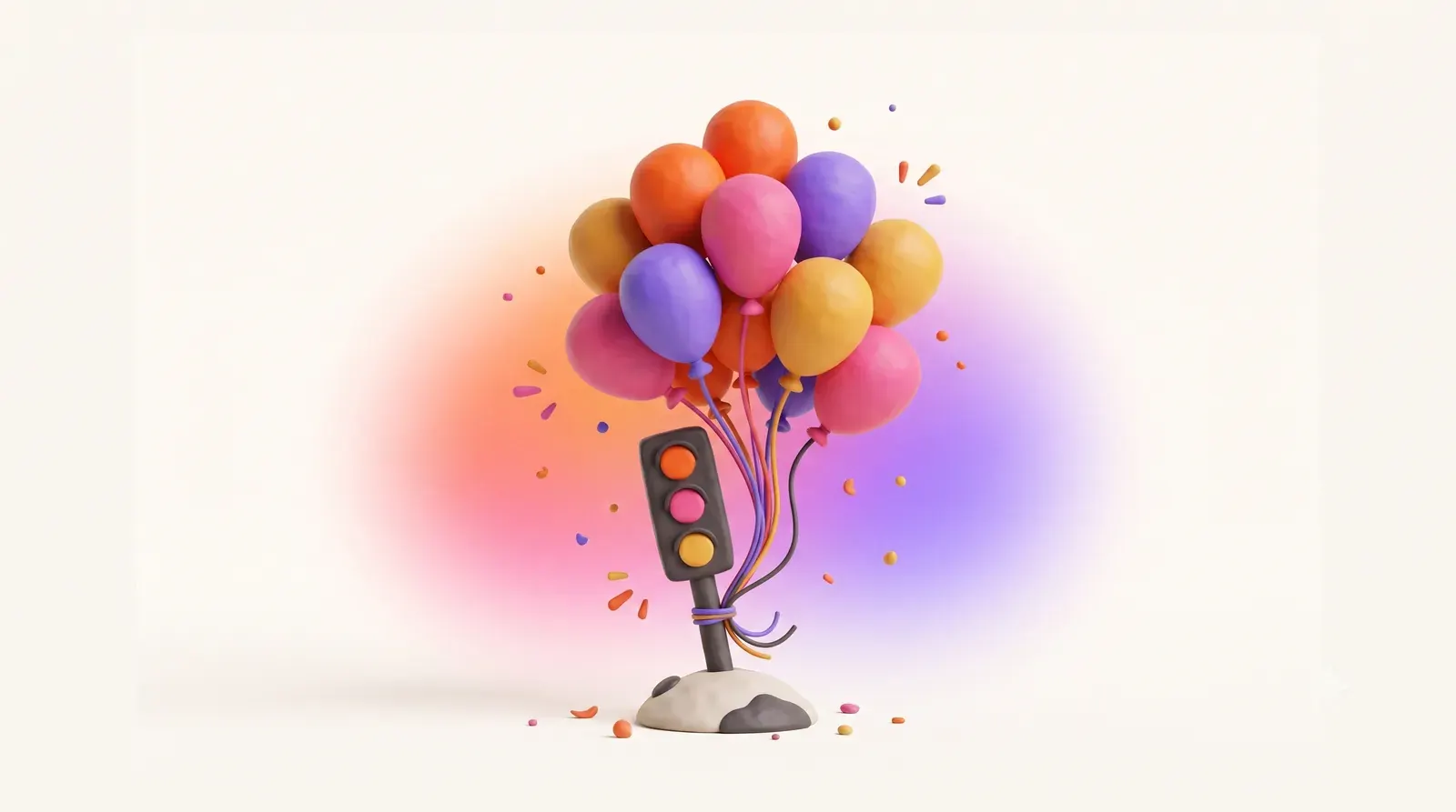 Illustration: a bunch of colorful balloons tied near a small traffic light
