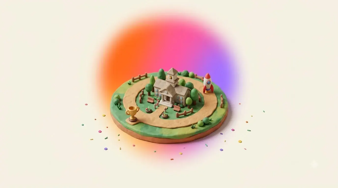 Illustration: a circular path looping around a small campus building, with a trophy at the start and a rocket at the end