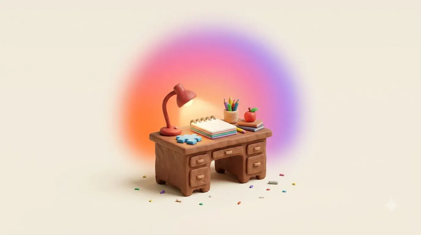 Illustration: a teacher's desk with an open notebook, a single puzzle piece and a warm desk lamp