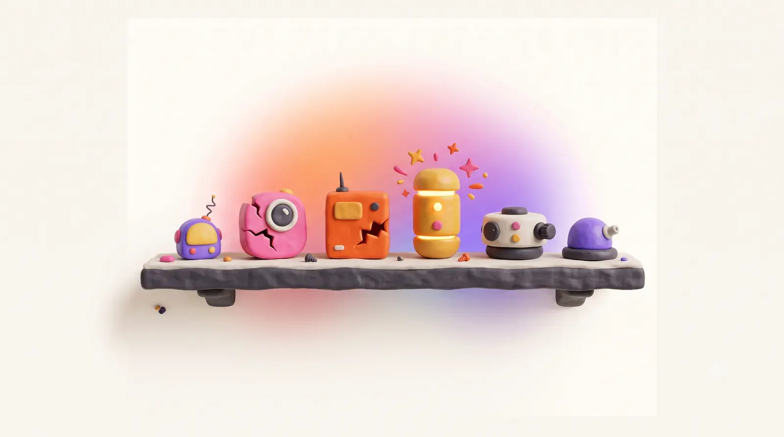 Illustration: six small prototype gadgets on a shelf