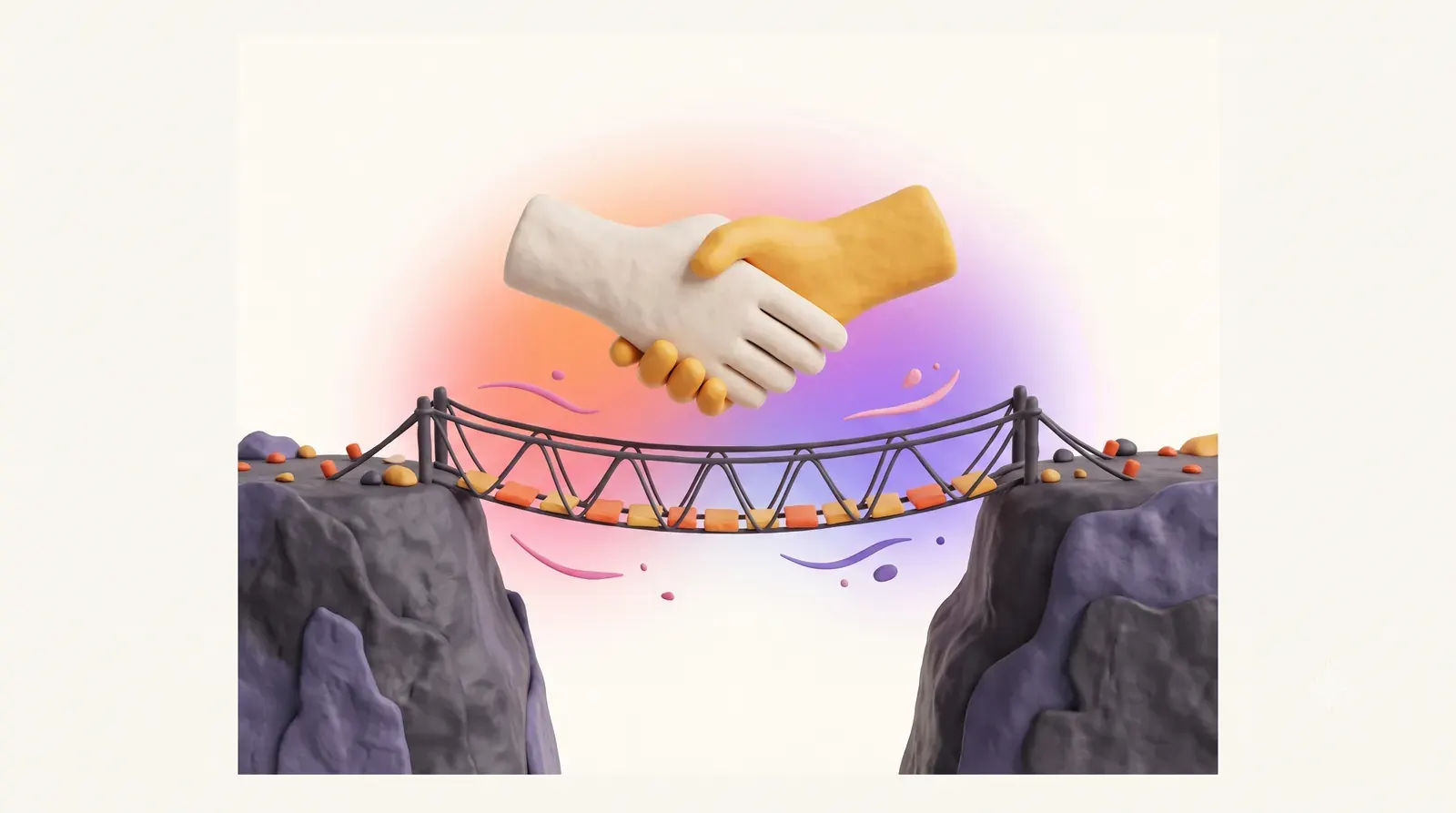 Illustration: two hands shaking above a single narrow bridge over a gap