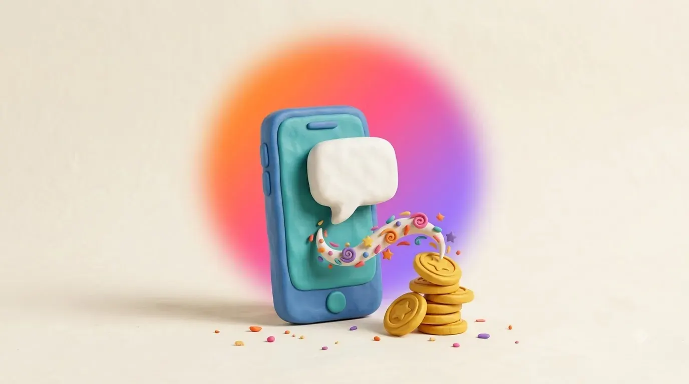 Illustration: a phone with a chat bubble turning into a small stack of coins