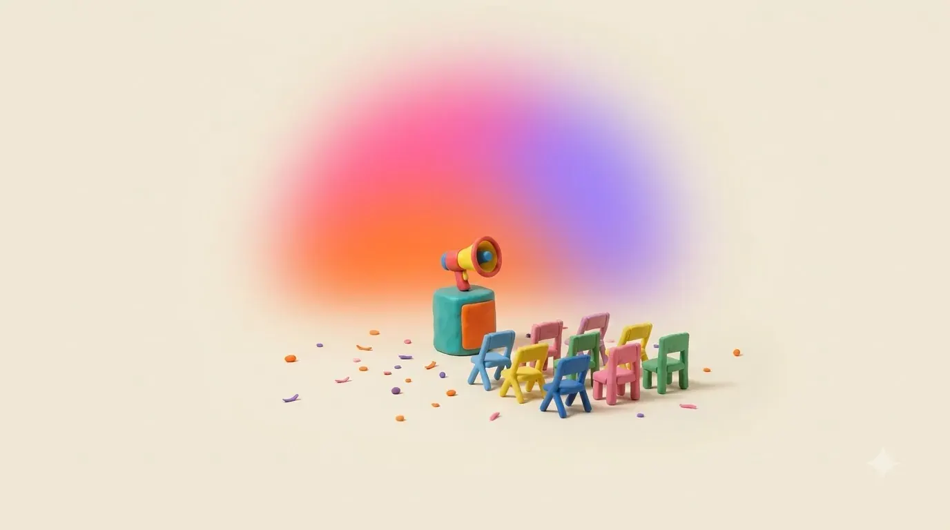 Illustration: a small megaphone on a pedestal facing rows of tiny empty chairs