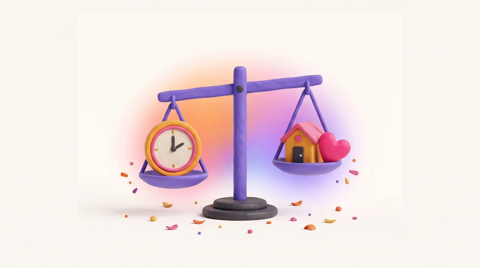 Illustration: a balance scale with a clock on one side and a small house and a heart on the other