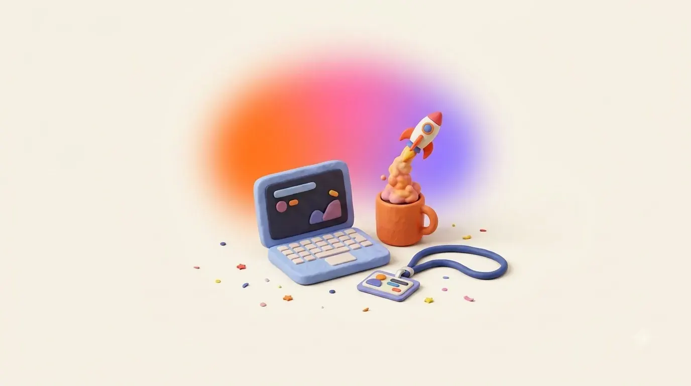 Illustration: a laptop with a small rocket rising from a coffee mug beside an office ID badge