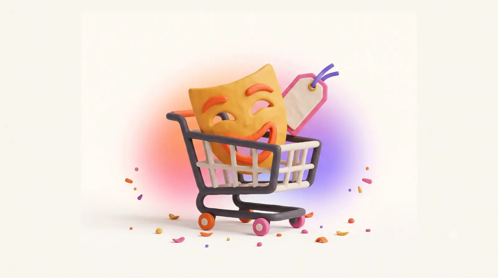 Illustration: a shopping cart with a hidden price tag peeking out from behind a smiling mask