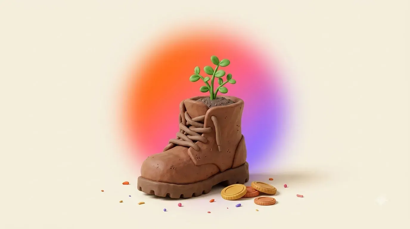 Illustration: a sturdy boot with a small plant sprouting from it, a few coins beside it