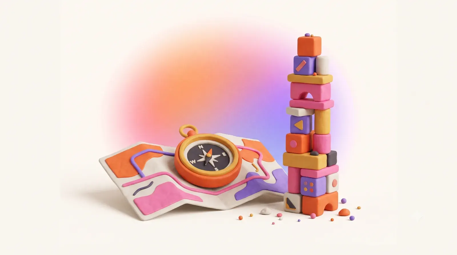 Illustration: a compass resting on a roadmap next to a tall tower of stacked building blocks