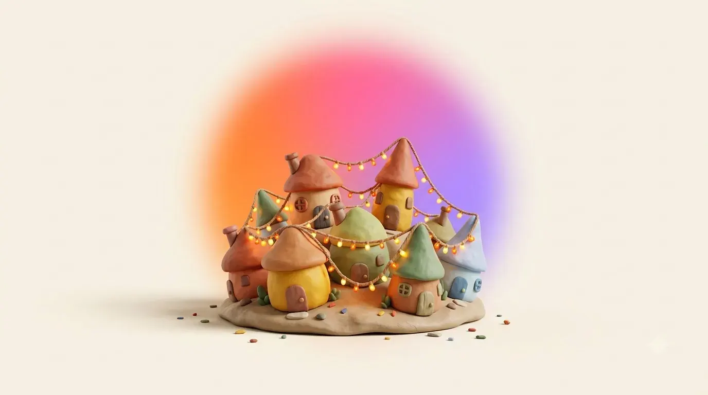 Illustration: small rounded houses connected by strings of warm lights forming a network
