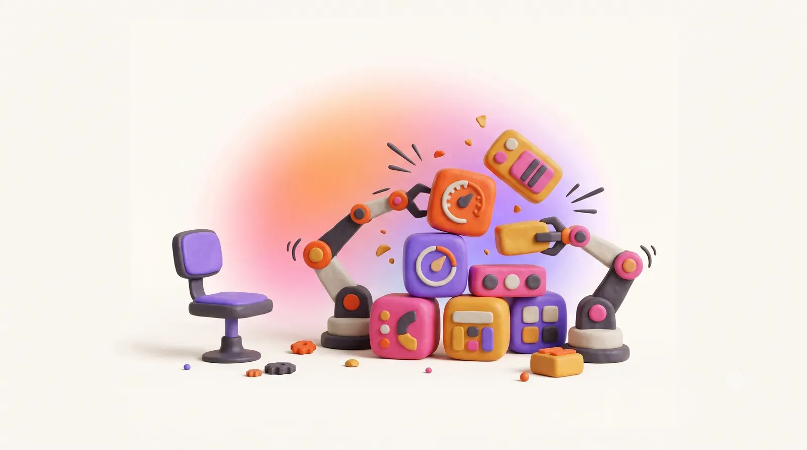 Illustration: small robotic arms quickly assembling app blocks