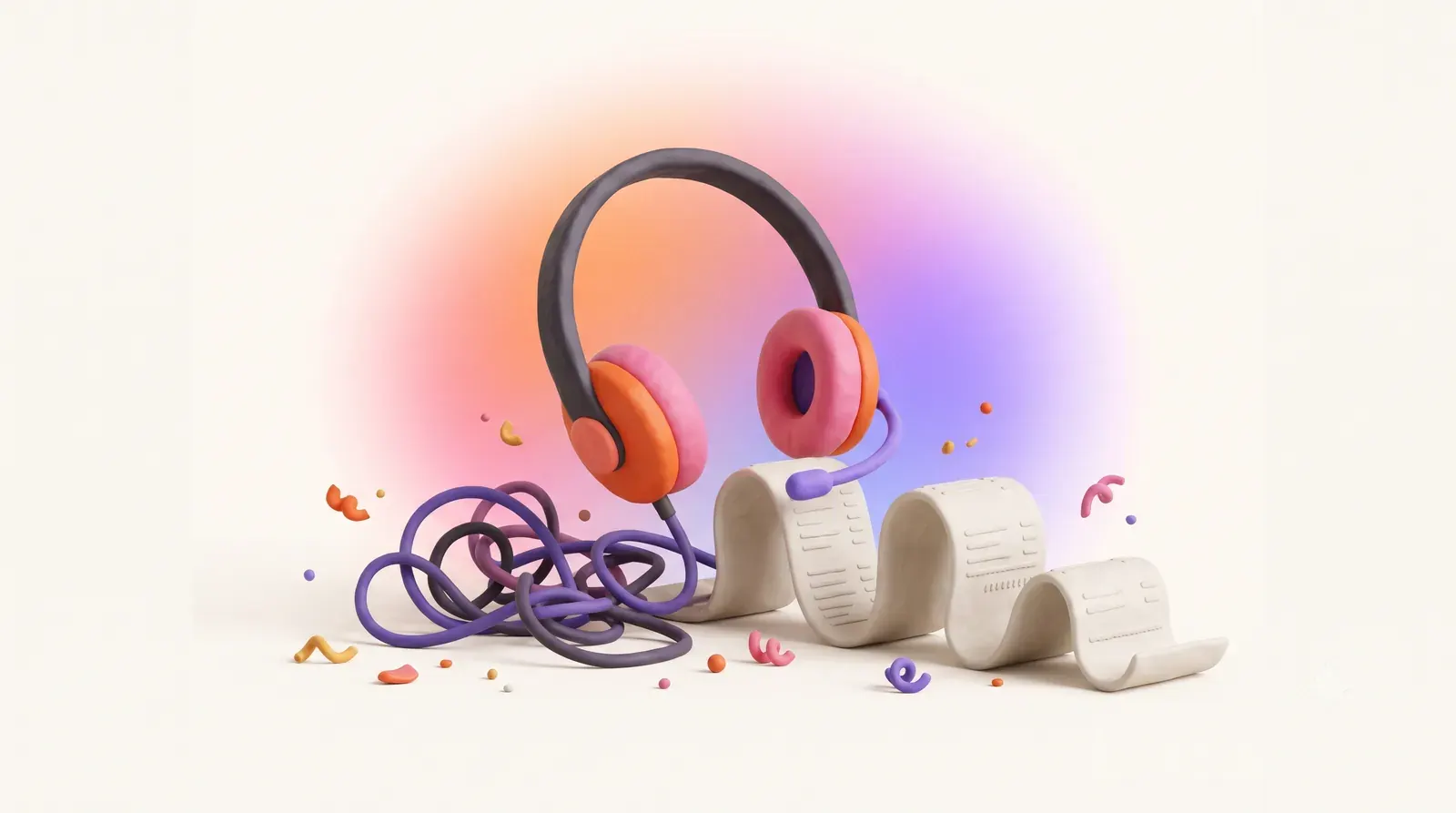 Illustration: a call center headset with a tangled cord and a long paper receipt