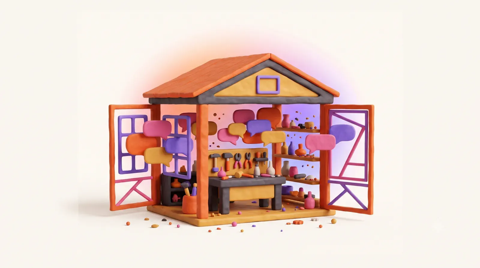 Illustration: a glass workshop with open walls