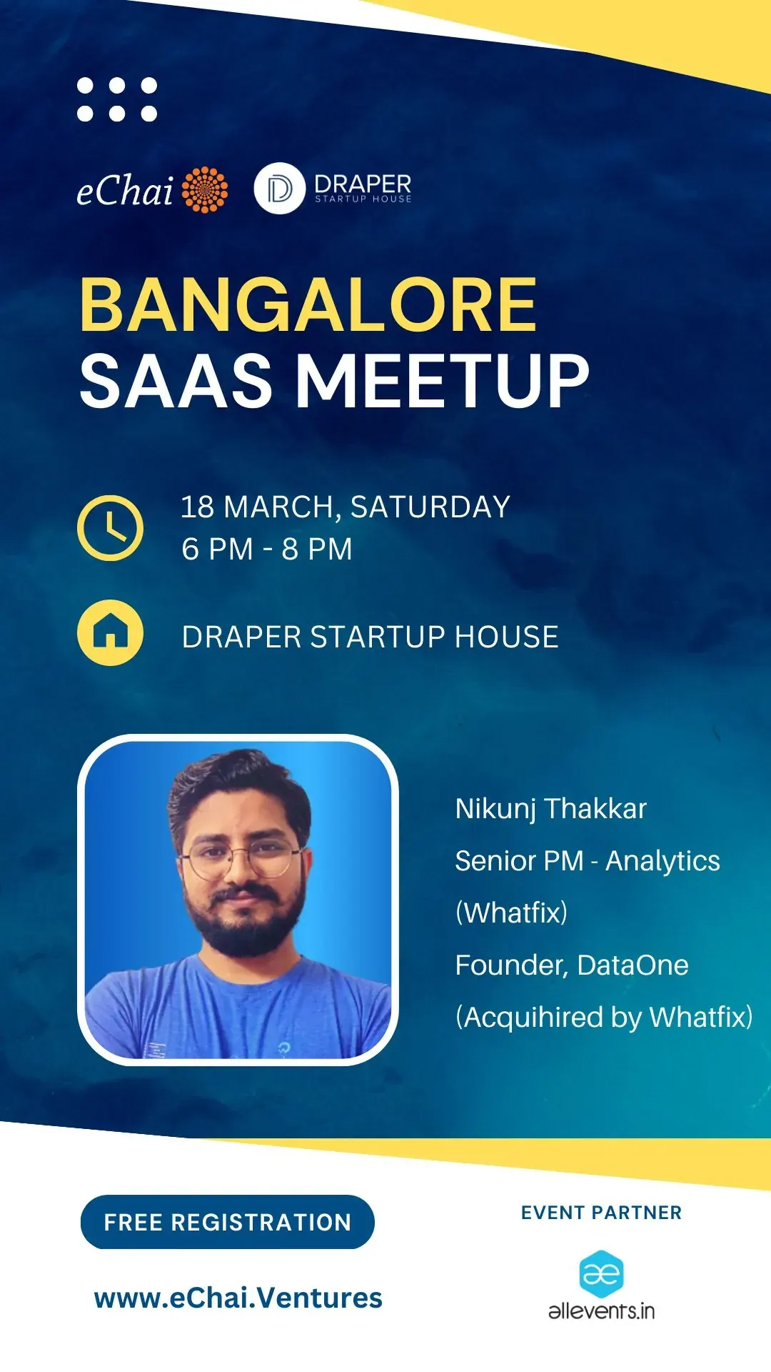 Event poster: Speaking at the Bangalore SaaS Meetup, Draper Startup House