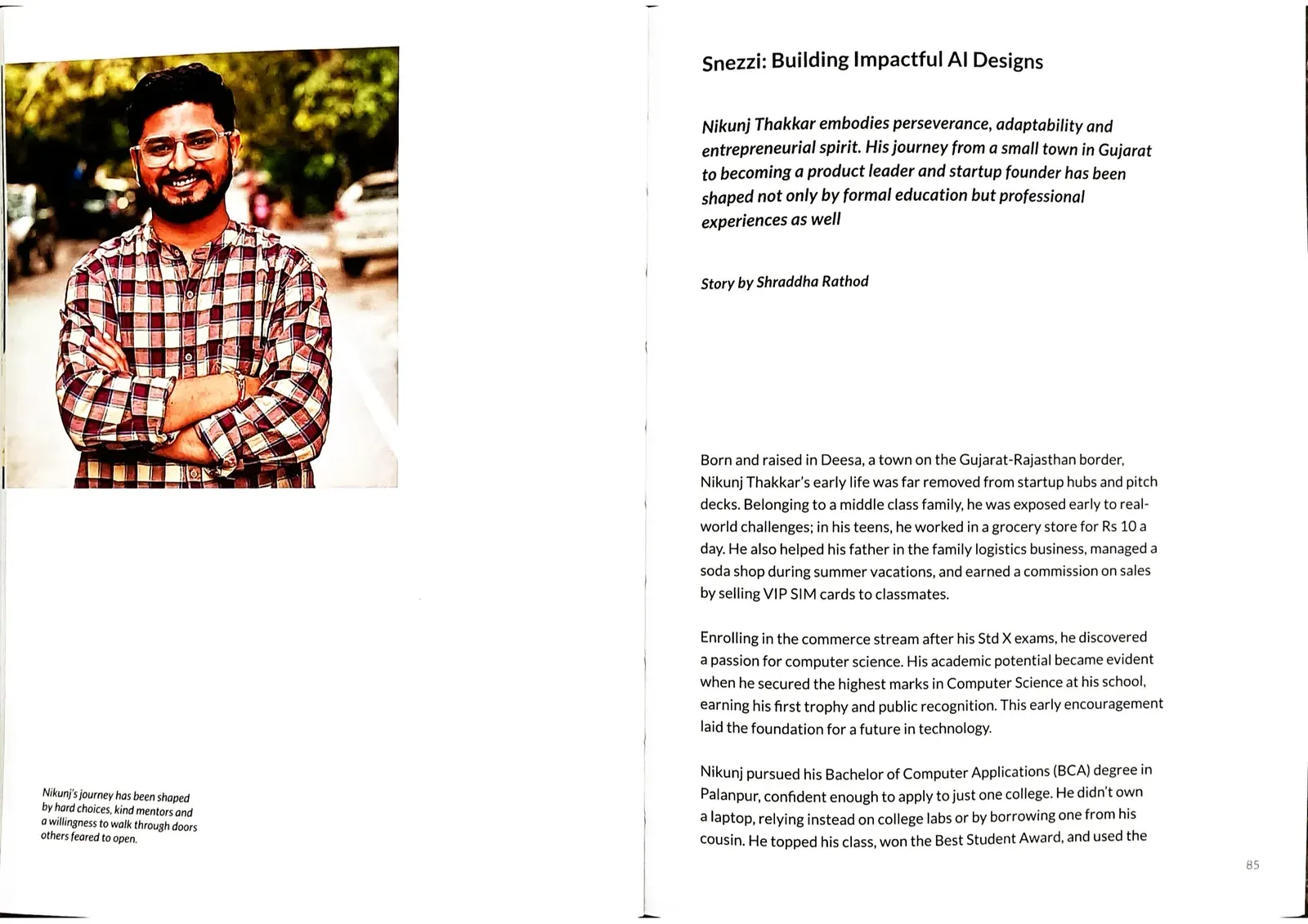 Opening spread of the chapter Snezzi: Building Impactful AI Designs, with a portrait of Nikunj