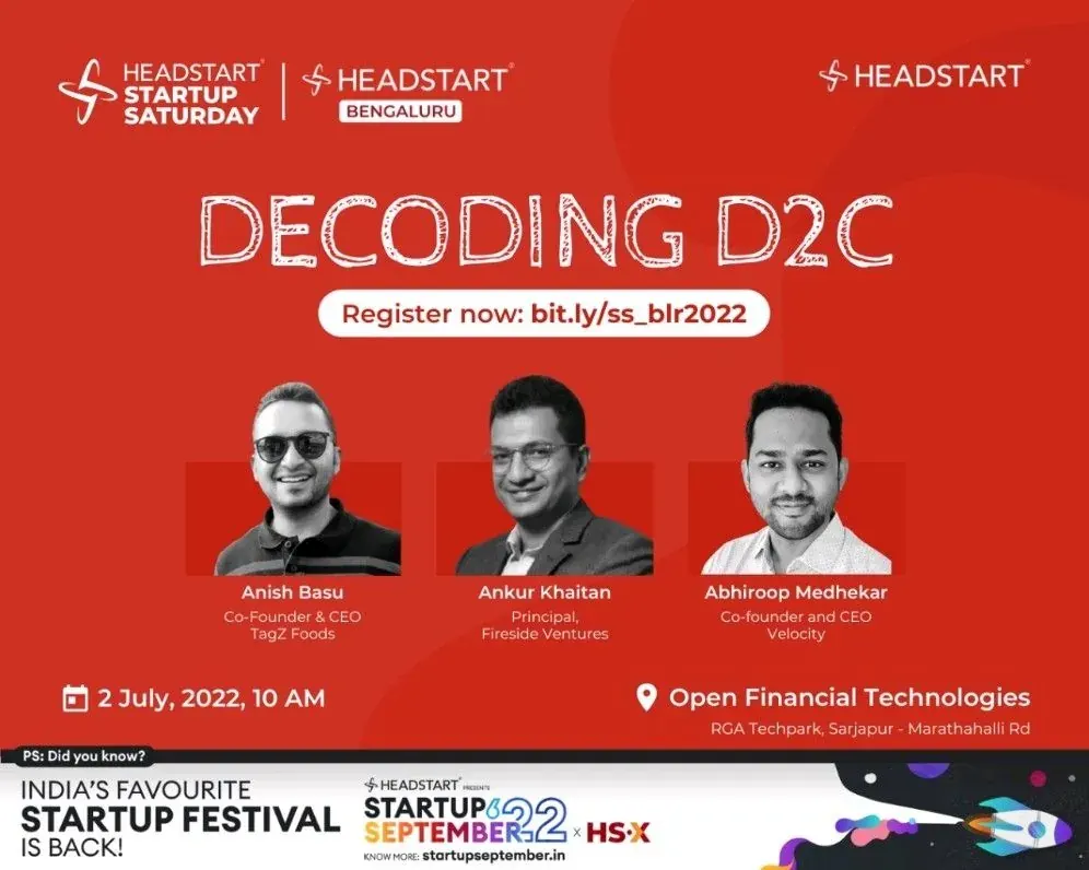 Event poster: Startup Saturday Bengaluru: Decoding D2C