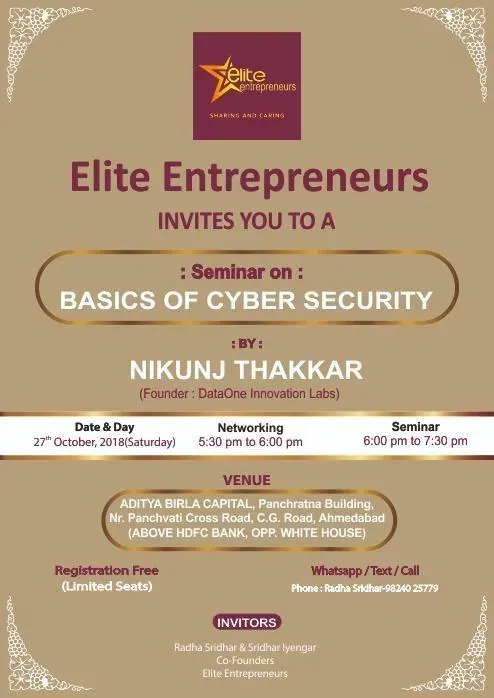 Event poster: Speaking at Elite Entrepreneurs: basics of cyber security