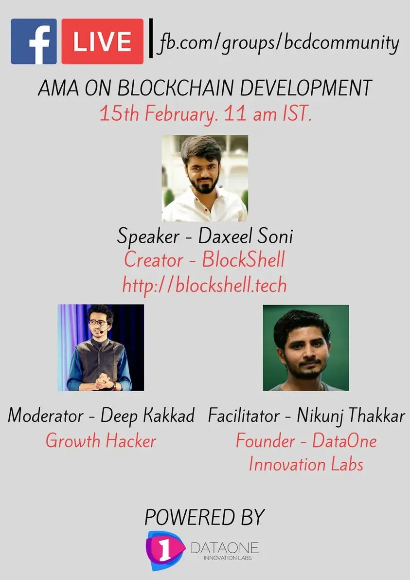 Event poster: AMA on blockchain development, facilitated by Nikunj