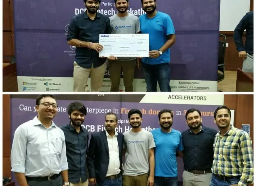 Nikunj’s team with a cheque at the DCB fintech hackathon