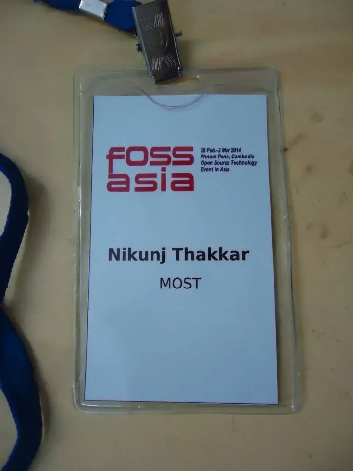 FOSSASIA 2014 conference badge reading Nikunj Thakkar, MOST