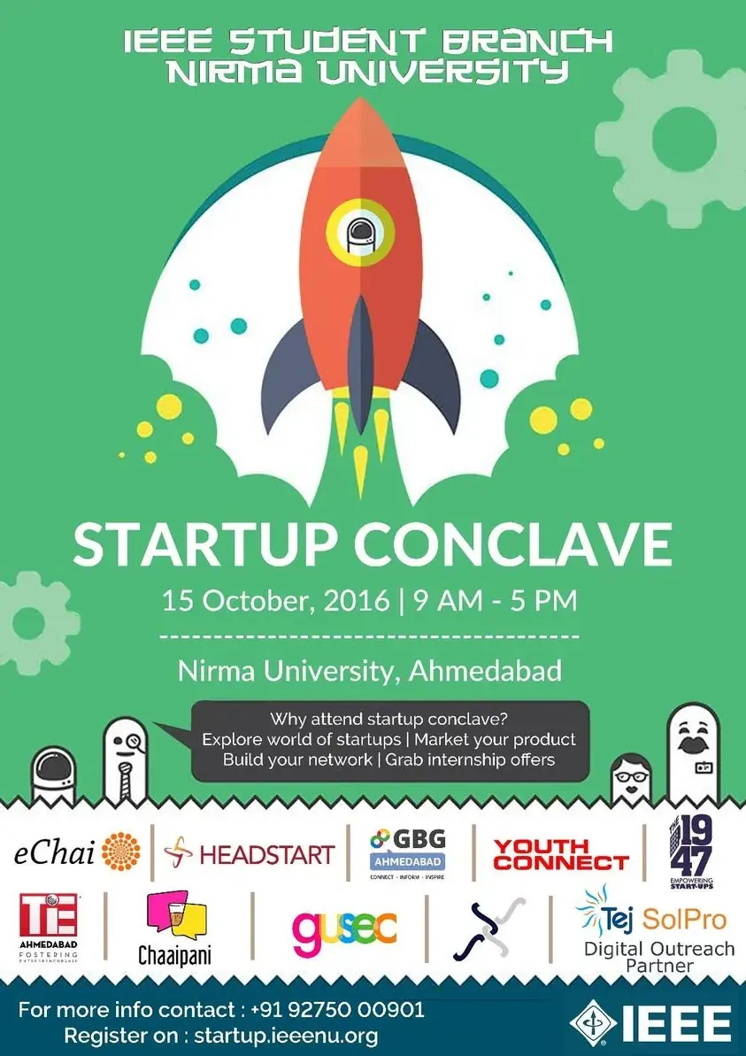 Event poster: Startup Conclave with eChai and the IEEE Student Branch at Nirma University