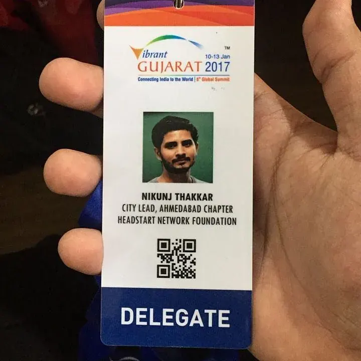 Vibrant Gujarat 2017 delegate badge with Nikunj’s photo
