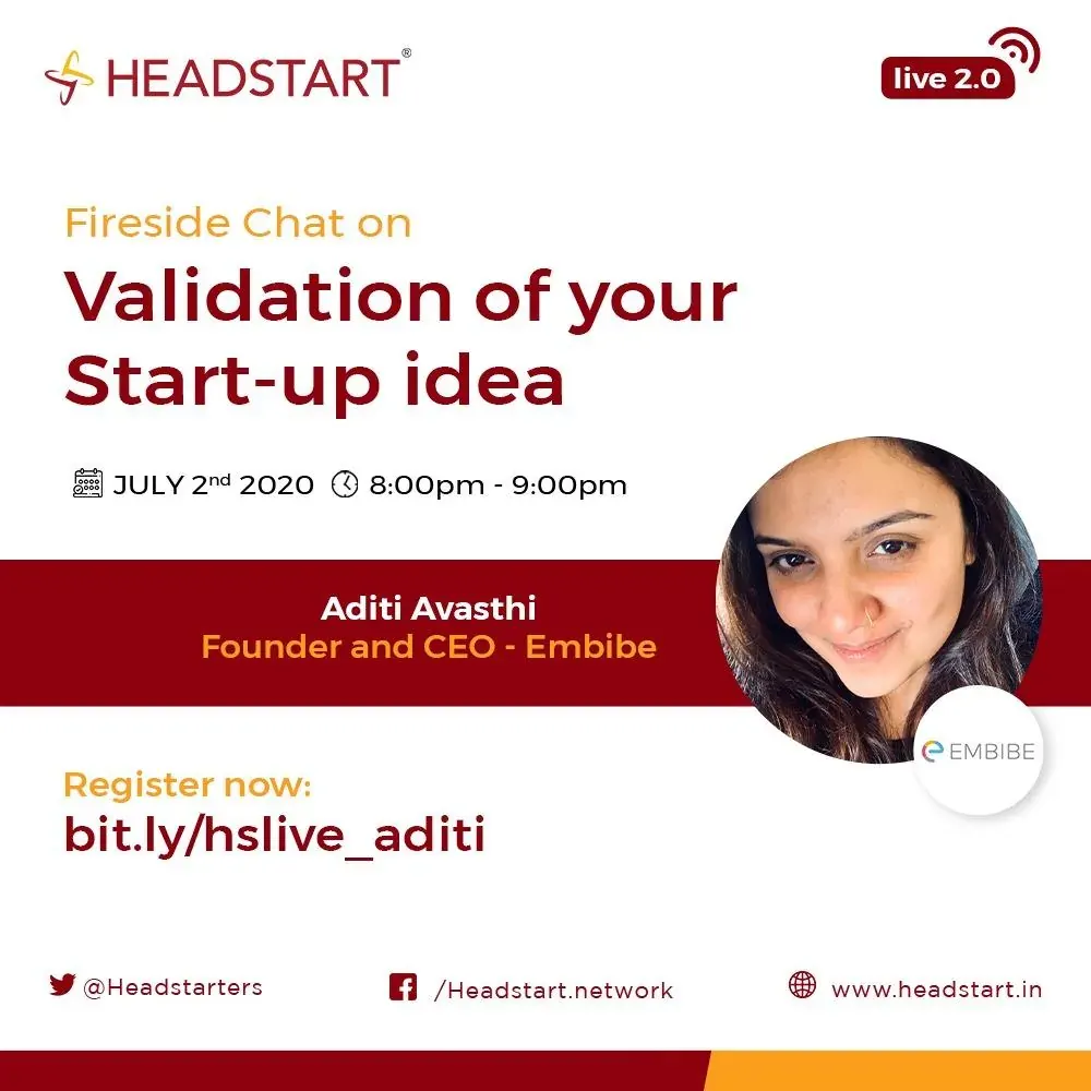 Event poster: Fireside chat on validating your startup idea with Aditi Avasthi of Embibe