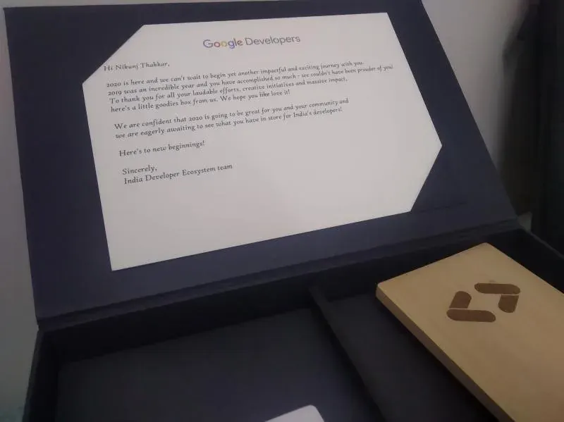 A thank-you letter from the Google India Developer Ecosystem team in a gift box