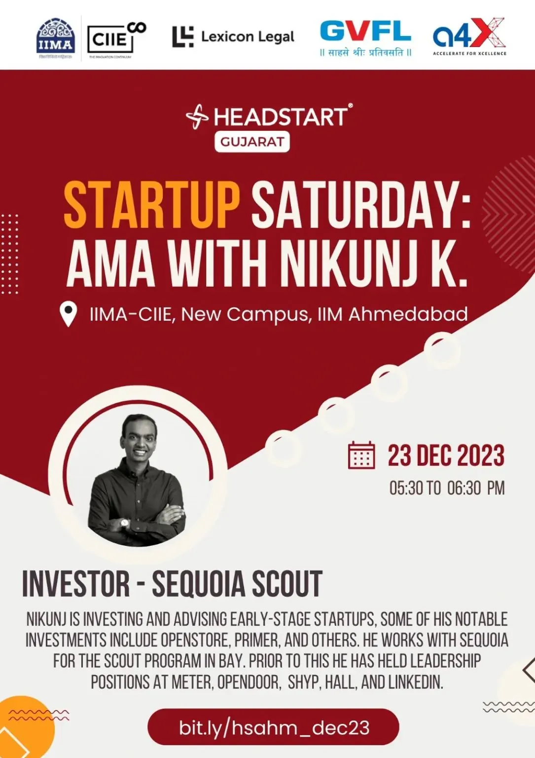 Event poster: Headstart Gujarat AMA with Nikunj Kothari at CIIE.CO, IIM Ahmedabad