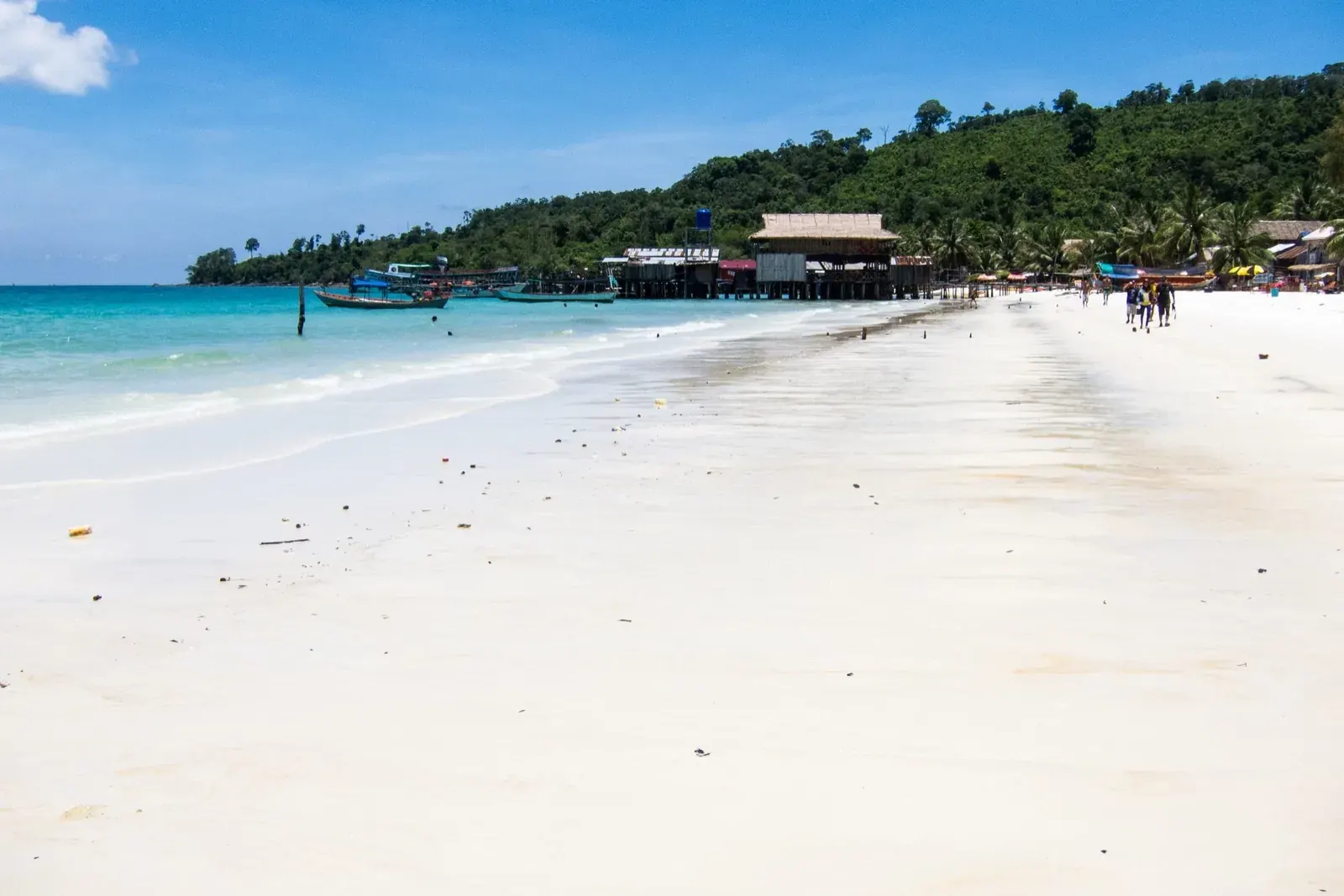 Koh Rong island shoreline with wooden huts among palm trees