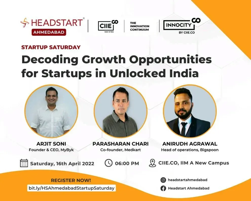 Event poster: Startup Saturday Ahmedabad returns offline: growth opportunities in unlocked India