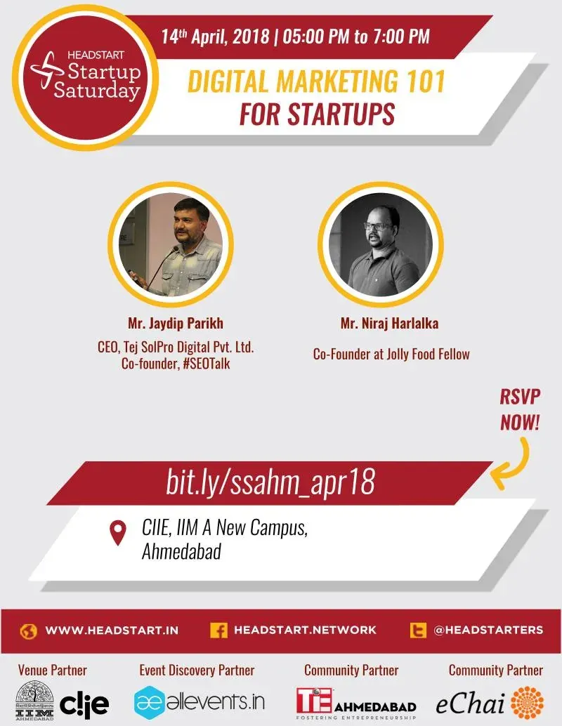 Startup Saturday poster on digital marketing 101 for startups