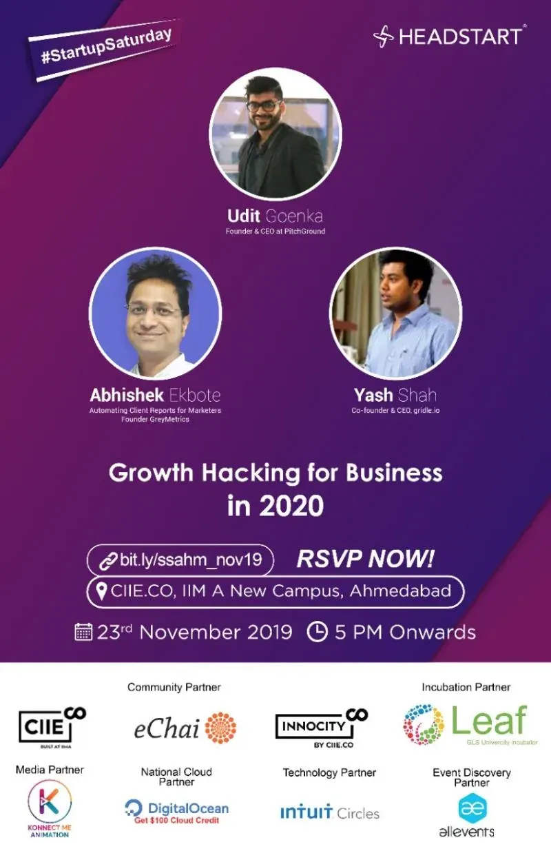 Startup Saturday poster on growth hacking for business in 2020